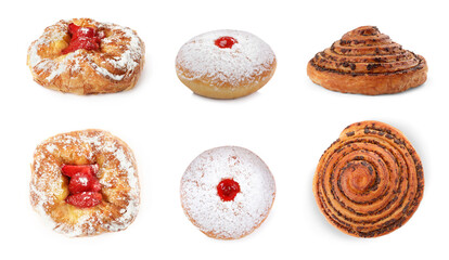 Collage with different pastries isolated on white, top and side views