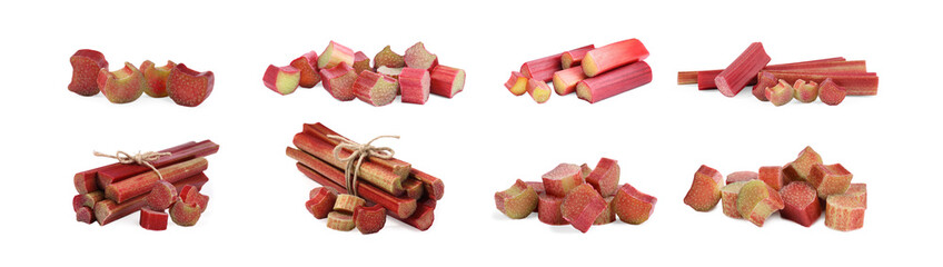 Set with fresh rhubarb stalks isolated on white