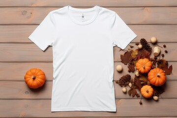 White womens cotton t-shirt mockup with pumpkins