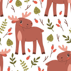 Fall pattern with elk. Seamless woodland pattern with leaves and cute forest animal on white background