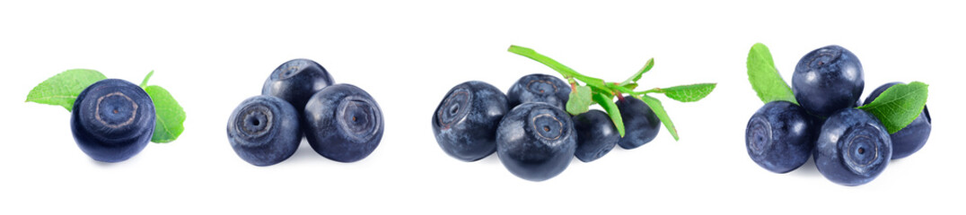 Set with tasty fresh bilberries and green leaves isolated on white