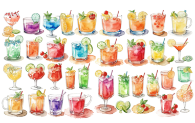 Watercolor cocktail drinks set on white background. Watercolor painting daily routine objects. Hand drawn colorful Sublimation design,white background