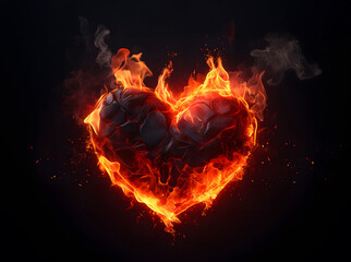 Heart shapes are burning there is a fire or flames burning to ashes It was so hot that reddish-yellow light and smoke on a black background floated. Concept is impatient, mean, black-hearted, cruel.