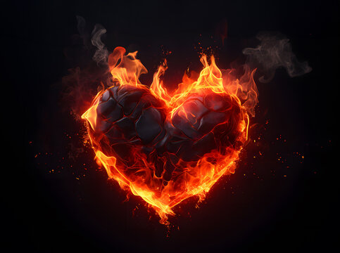 Heart shapes are burning there is a fire or flames burning to ashes It was so hot that reddish-yellow light and smoke on a black background floated. Concept is impatient, mean, black-hearted, cruel.