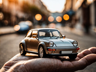 photo of close up hand holding mini car, generative AI