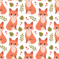 Fototapeta na wymiar Fall pattern with fox. Seamless woodland pattern with leaves and cute forest animal on white background