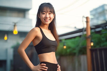 Fototapeta na wymiar An athletic woman stands outdoors, on a jogging trail, dressed in sportswear. Her youthful smile radiates as she continues her fitness regimen. Created using Generative AI.