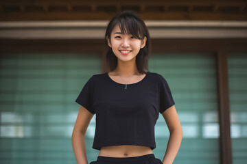 An athletic woman stands outdoors, on a jogging trail, dressed in sportswear. Her youthful smile radiates as she continues her fitness regimen. Created using Generative AI.