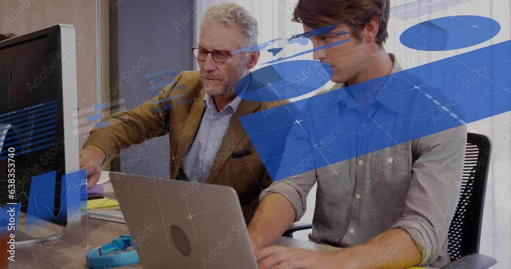 Poster animation of statistical data processing over two diverse men discussing over a computer at office