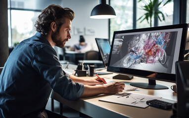 Graphic designer working with interactive pen display, digital drawing tablet