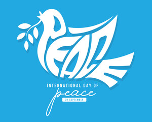 Obraz premium International day of peace - White peace bird with PEACE text texture sign on blue vector design