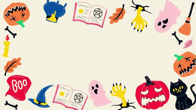Halloween Frame Background. Halloween element set : ghost, pumpkin, cat, hat, book of spells, broom. . 4K video footage