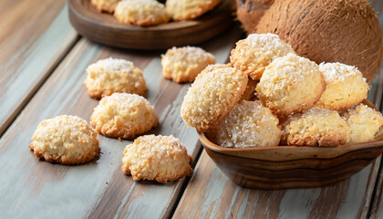 Traditional italian coconut cookies on the wooden table, selective focus