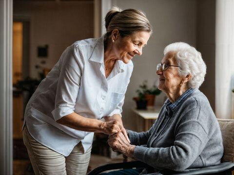 photo of woman take care senior woman at home, generative AI