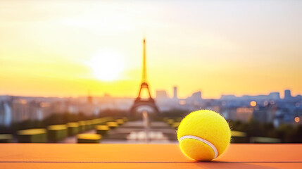 Tennis banner with yellow tennis ball on blurred sunset Paris cityscape background. Roland Garros tennis competition. Tennis background. Concept of Healthy sport. Banner size, copy space