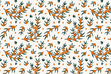 seamless pattern with sea buckthorn. Vector pattern with berry branches of sea buckthorn