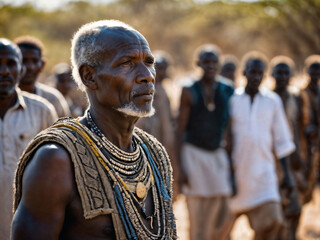 Fototapeta na wymiar photo of african old people tribal warriors with armor, generative AI