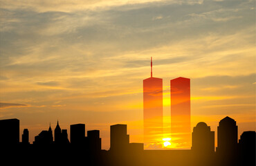 New York skyline silhouette with Twin Towers and against the sunset. 09.11.2001 American Patriot Day banner