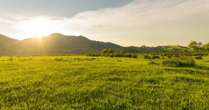 Mountain meadow time-lapse at the summer or autumn sunset. Wild nature and rural field. Clouds movement, green grass and sun rays. Motorised panorama