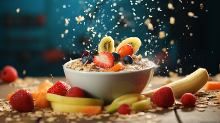 Oatmeal in the air with fruit and milk