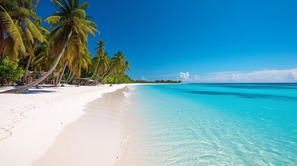 Fototapeta na wymiar Panoramic view of a tropical beach with palm trees and blue sky