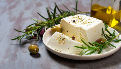 Greek cheese feta with rosemary and olives, selective focus