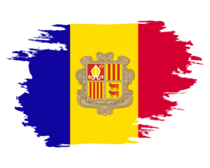 Grunge flag Andorra. Painted brush stroke. Watercolor drawing, vintage flag Andorra. National flag Andorra with coat arms. Independence Day. Banner, poster template.