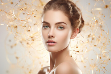 Beautiful woman portrait with golden face serum molecular structure