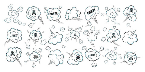 Fototapeta premium Smelling pop art comic book cartoon fart cloud flat style design vector illustration set with text and skull with crossed bones. Bad stink or toxic aroma cartoon smoke cloud.