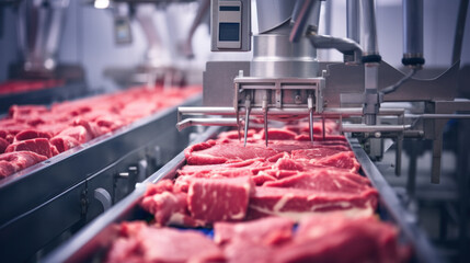 Fresh Raw Pork Chops in Meat Factory. Raw meat cuts on a industrial conveyor belt. Meat processing in food industry.