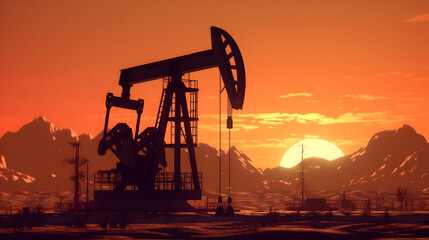 Crude oil pumpjack rig on desert silhouette in evening sunset, energy industrial machine for petroleum gas production. Generative AI