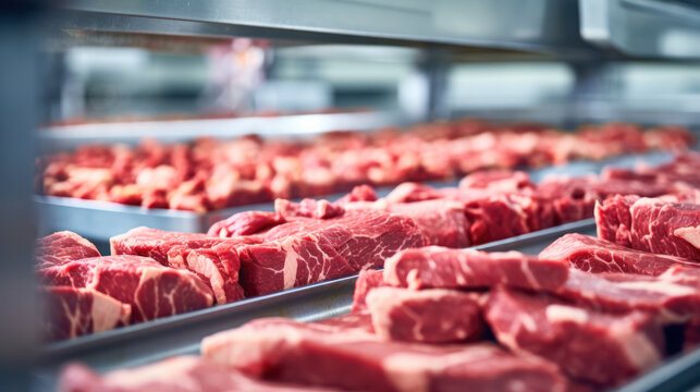 Fresh Raw Pork Chops in Meat Factory. Raw meat cuts on a industrial conveyor belt. Meat processing in food industry.