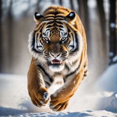 Obraz premium photo of big tiger running in the forest, generative AI
