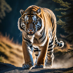 Obraz premium photo of big tiger running in the forest, generative AI