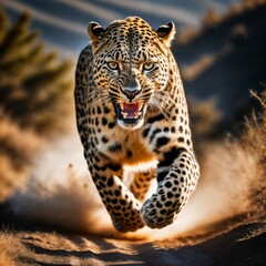photo of big leopard running in the forest, generative AI
