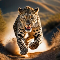 Fototapeta premium photo of big leopard running in the forest, generative AI
