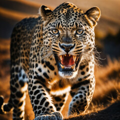 photo of big leopard running in the forest, generative AI