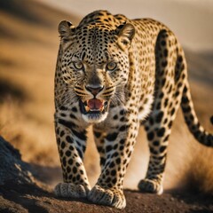 photo of big leopard running in the forest, generative AI