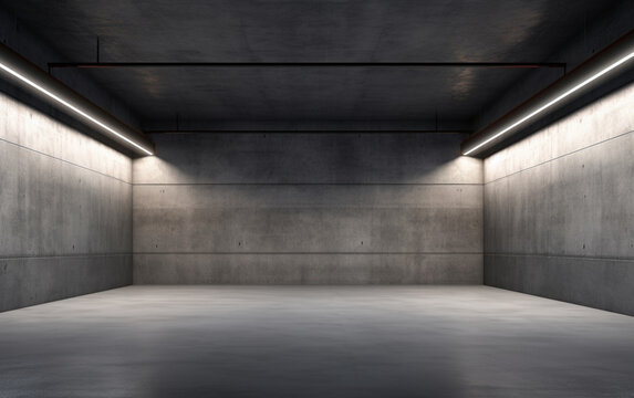 Industrial design project empty hall with led lights on top, grey walls and glossy concrete floor. 3D rendering