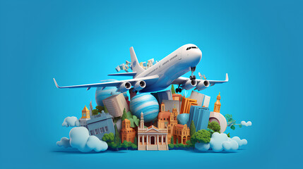 blue background , world , travelling luggage , air ticket and in high-resolution 16k.