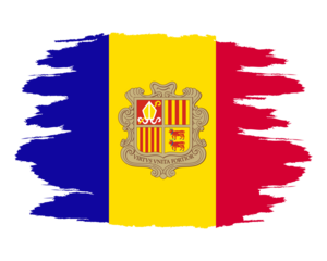 Distressed flag Andorra. Andorra flag with grunge texture. Independence Day. Banner, poster template. State flag Andorra with coat arms. Drawn brush flag Republic Andorra.