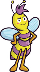 Cool and funny pink yellow bee cartoon character with standing pose