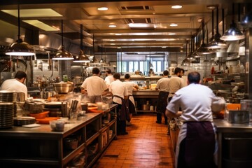 Chefs cook, waiters serve, diners eat in busy restaurant action. Expertise in cuisine, crowded kitchen, efficient service.
