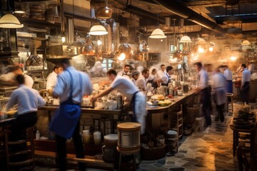 Fototapeta na wymiar Chefs cooking, waiters serving, diners enjoying in bustling restaurant.