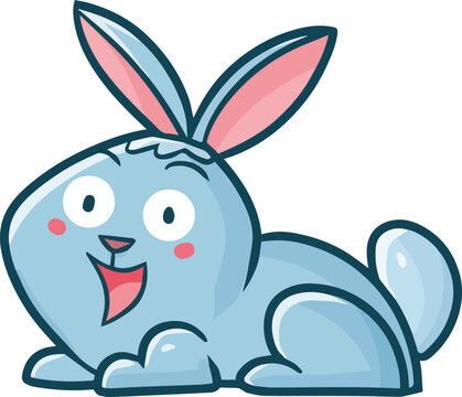 Funny and cute blue rabbit smiling happily cartoon illustration
