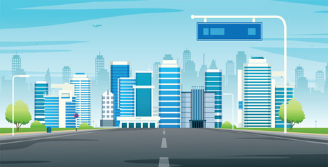 Capital city with tall buildings and distance sign on the road.