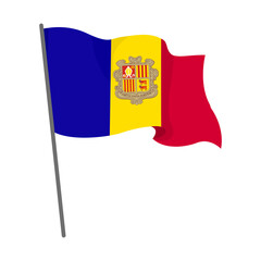 Flag Andorra is flying. Official flag Andorra flies of flagpole. Independence Day. Banner, flyer, poster template. National flag Andorra with coat of arms. Wavy flag Andorra.