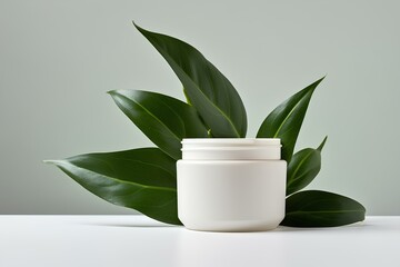 A white jar of cream on a white background with leaves, a template for cosmetic products, a mockup.