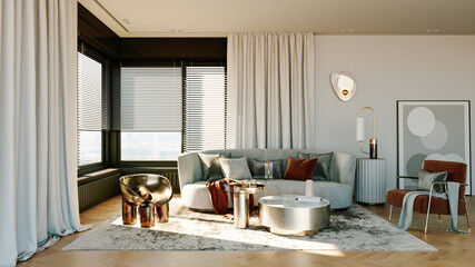 Large luxury modern bright interiors Living room mockup illustration 3D rendering computer digitally generated image
