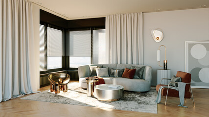 Large luxury modern bright interiors Living room mockup illustration 3D rendering computer digitally generated image